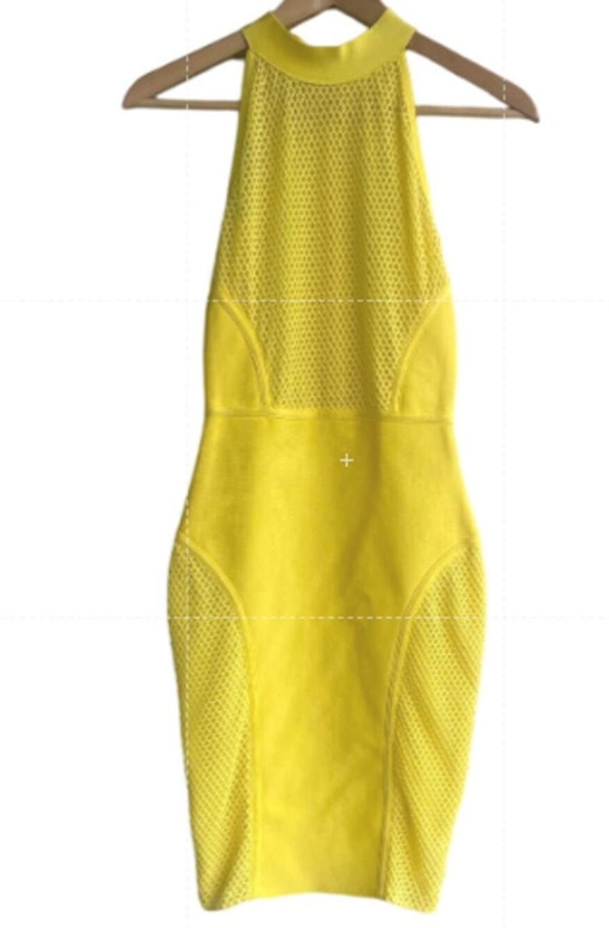 bright yellow mesh bodycon stretch halter cocktail dress unbranded